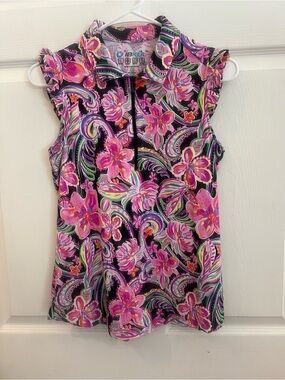 IBKUL Women’s Sleeveless Floral Zip-Front Polo - Pink Multi sz s